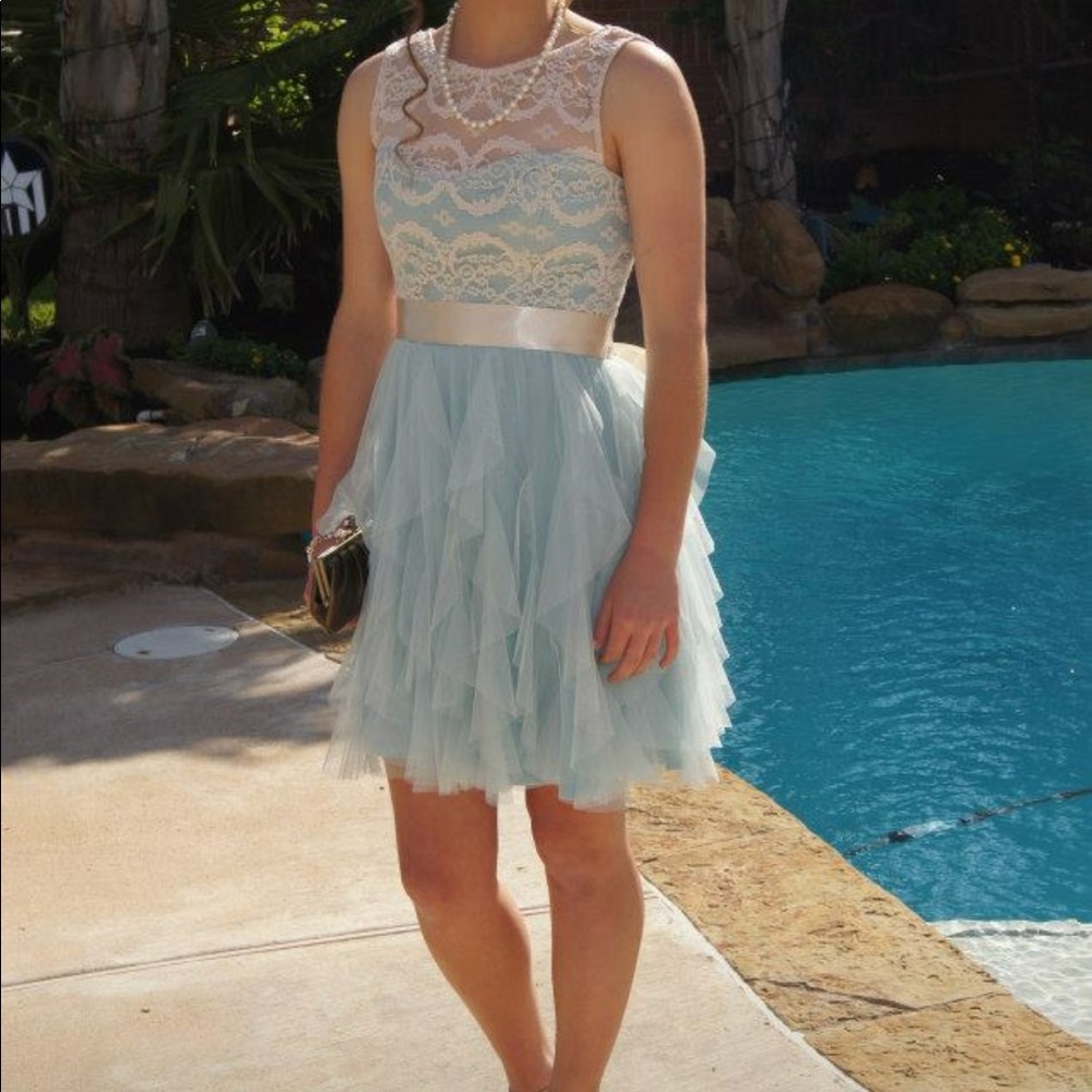 Formal dress light blue tan lace